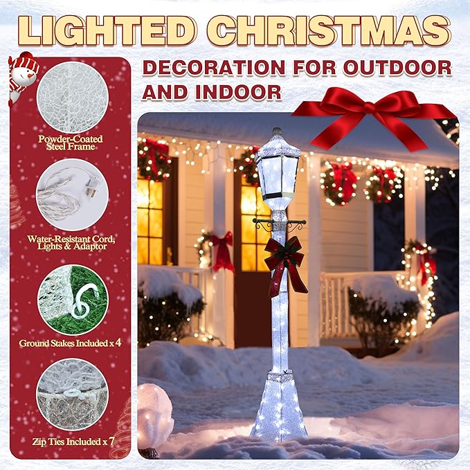 VEIKOU 6FT Lighted Lamp Post for Outdoor Christmas Decorations, Light-up Street Lamp with 120 LED Lights & Red Bow, Christmas Decorations Outside for Yard Garden Lawn Porch Holiday Xmas