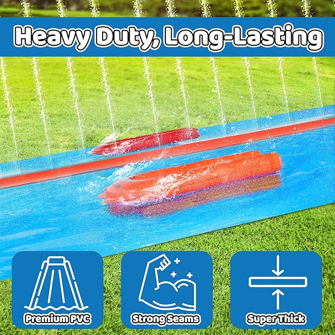 JAMBO 40FT Mega Slip Splash and Slide with 2 Bodyboards | Water Slide Waterslide Backyard Outdoor Water Toys for Kids with Sprinklers | Outdoor Splash Mat Splash Pad, Double Lane Summer Toy