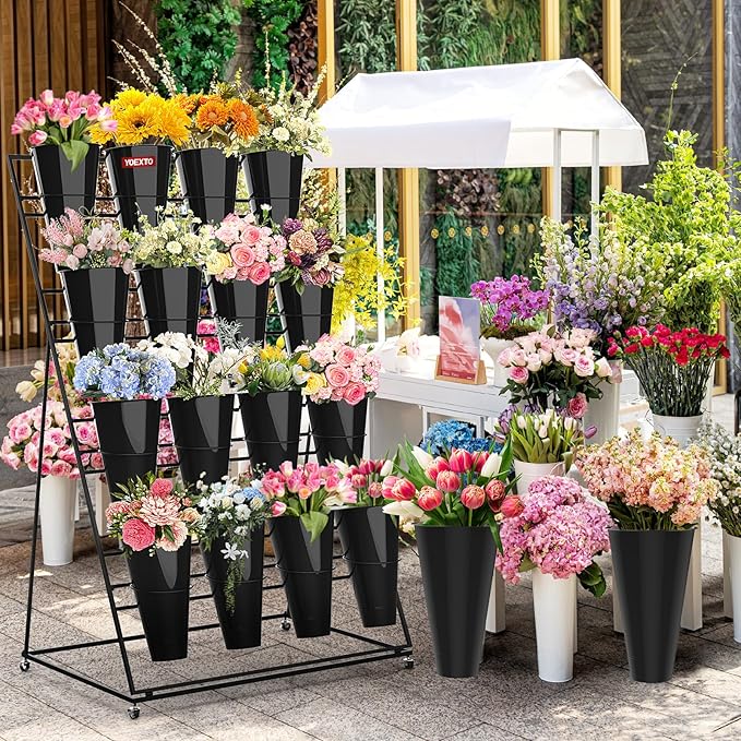 Flower Display Stand with Buckets, 4 Layers 16 PCS Buckets Plant Stand with Wheels, Movable Metal Plant Stand for Terrace Garden, Living Room, Florist Shop (Black Frame - Black Buckets, 4-Tier)