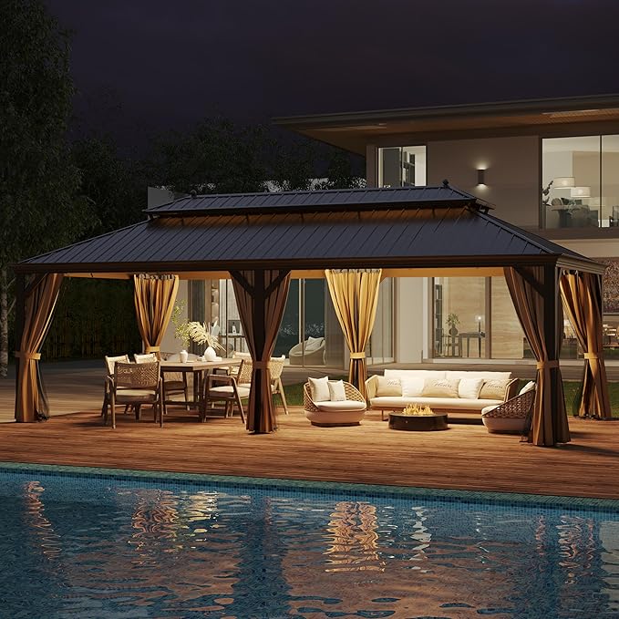 12'x24' Hardtop Gazebo Outdoor Aluminum Patio Gazebo Double Roof Galvanized Steel Canopy with Netting and Curtains for Garden, Backyard,Deck and Lawns