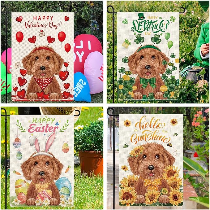 Golden Doodle Garden Flags for Outside Set of 12, Dog Welcome Seasonal Garden Flags 12x18 Double Sided for All Seasons and Holidays, Spring Yard Lawn Flag for Outdoor Decor, Goldendoodle Gifts
