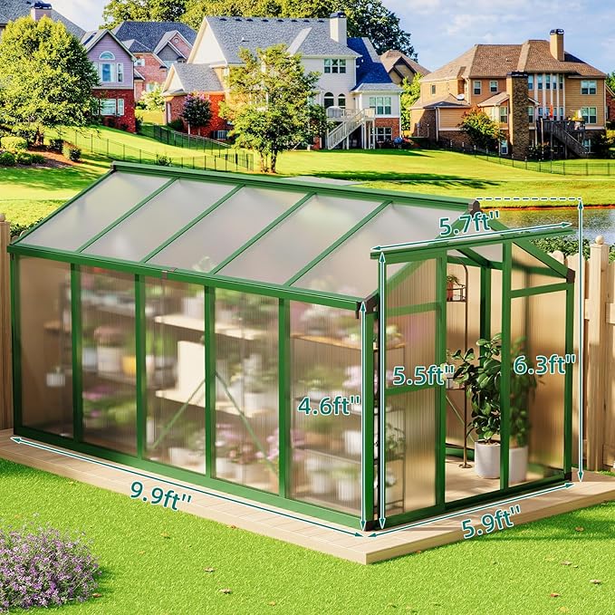 6x10 ft Greenhouse with Roof Vent, Aluminum Walk-in Greenhouses for Outdoors, Heavy Duty Garden House for Backyard, Patio, Easy Assembly