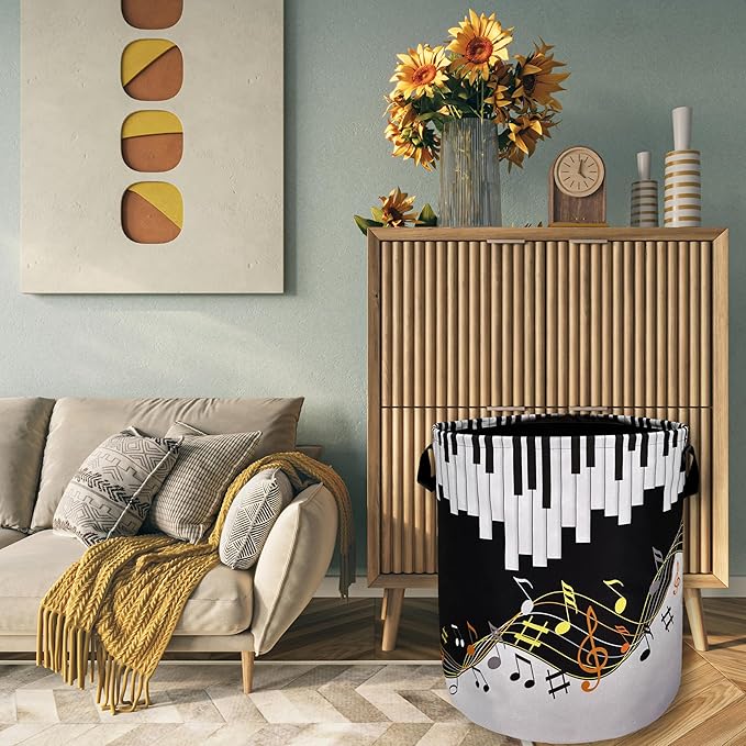Piano Keyboard Laundry Basket Foldable With Handles Music Notes Tote Bag Oxford Cloth Colorful Laundry Hamper Clothes Storage Bucket Toy Organizer For Bathroom/Laundry/Bedroom 18.9"x16.5 "