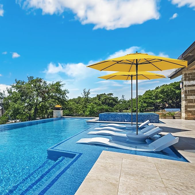 Midtown Umbrellas The Wooden 10 Feet Patio Umbrella With Sunbrella Yellow Acrylic Fabric - Aluminum Frame Market Umbrella For Backyard, Deck, Garden, Pool - Wooden Pole