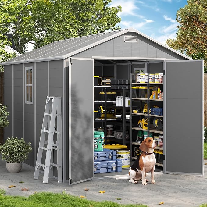 Amopatio 10x8 FT Storage Shed, Resin Outdoor Shed with Floor Included, Plastic Sheds Outdoor Storage for Bike, Garden Tools, Sheds & Outdoor Storage with Lockable Door, Window & Vents, Grey & White