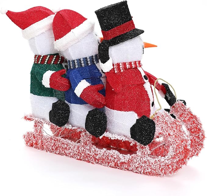 LuxenHome 20" H Lighted Snowman Outdoor Christmas Decorations, Prelit Frosted Snowman Family Trio on Sled Christmas Decor, Illuminated Christmas Decorations Outdoor and Indoor for Yard, Lawn, Porch