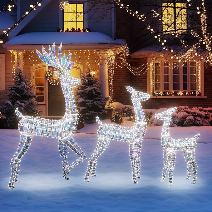 Lamerge Lighted Reindeer Family Set of 3, Christmas Decorative Deer with Red Bow and Ground Stake, Indoor or Outdoor Christmas Holiday Decoration for Yards Lawn Patio -Rainbow Color
