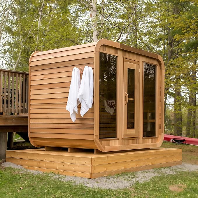 Outdoor Wood Sauna, Canadian Cedar Sauna 6 Person, 6 KW ETL Harvia Heater, with Front Large Glass Windows, Square with Wooden Bucket,Spoon(0-195 °F)