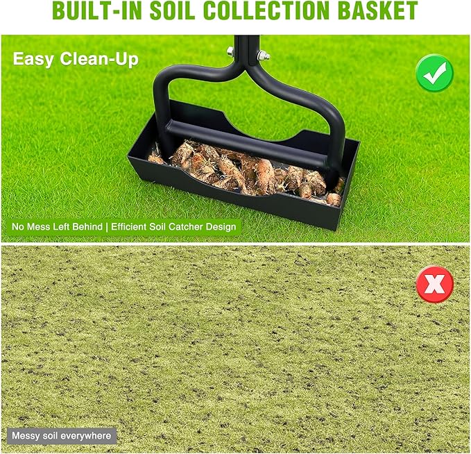 Yesker Lawn Aerator Coring Tool with Soil Core Tray, 39 inches Manual Garden Plug Aerator for Grass Aeration, Yard Aerator & Cleaning Tool for Compacted Soil, Lawn Care