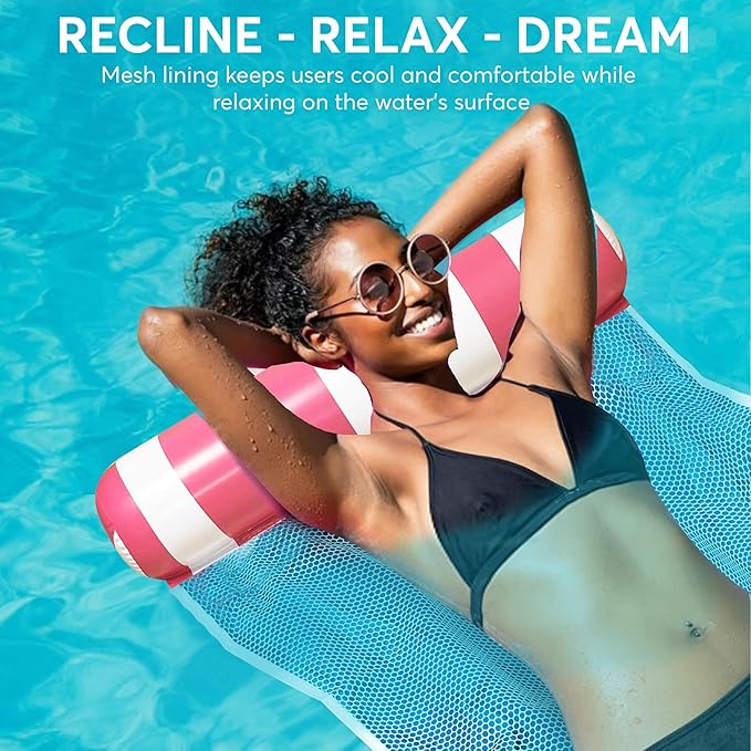 4 Pack Inflatable Pool Hammock Floats with Air Pump and Beach Ball, 4-in-1 Water Hammock Chair, Saddle, Lounge, and Drifter, Adult Size Pool Floaties for Swimming Pool
