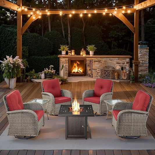 7 Piece Patio Furniture Set with Fire Pit Table - Wicker Patio Conversation Set with 4 Swivel Glider Chairs and 2 Tempered Glass Side Tables for Deck Backyard - Grey Wicker Red Cushion