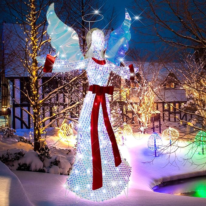 5FT Lighted-up Angel Christmas Decoration, 3D Halo Wings Angel Glitter Decor with LED Lights, Holiday Decorate The Yard Garden Lawn Porch