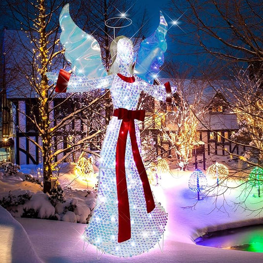 5FT Lighted-up Angel Christmas Decoration, 3D Halo Wings Angel Glitter Decor with LED Lights, Holiday Decorate The Yard Garden Lawn Porch