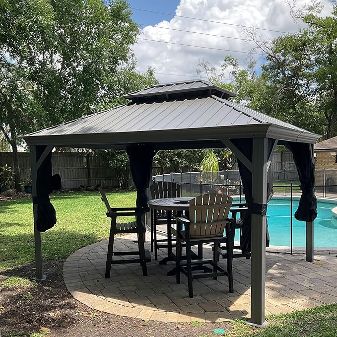 PURPLE LEAF 10' x 12' Hardtop Aluminum Gazebo with Double Metal Roof Heavy Duty Permanent Gazebo for Patio Deck Lawn Garden All Weather Outdoor Pavilion Gazebos, Light Grey