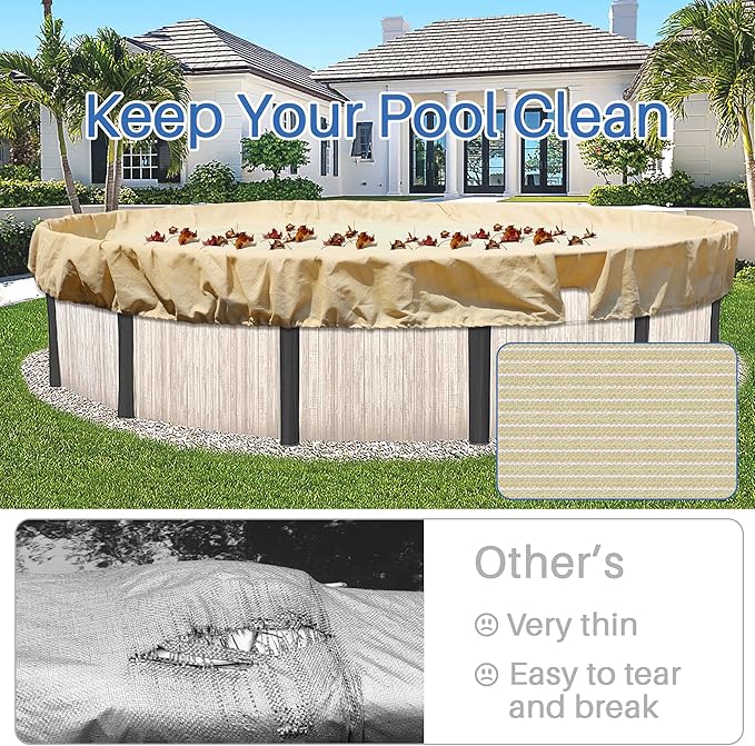 ECOOPTS Round Pool Cover for Above Ground Pools, Swimming Pool Cover Protector Winter Safety Cover (8 ft, Beige)