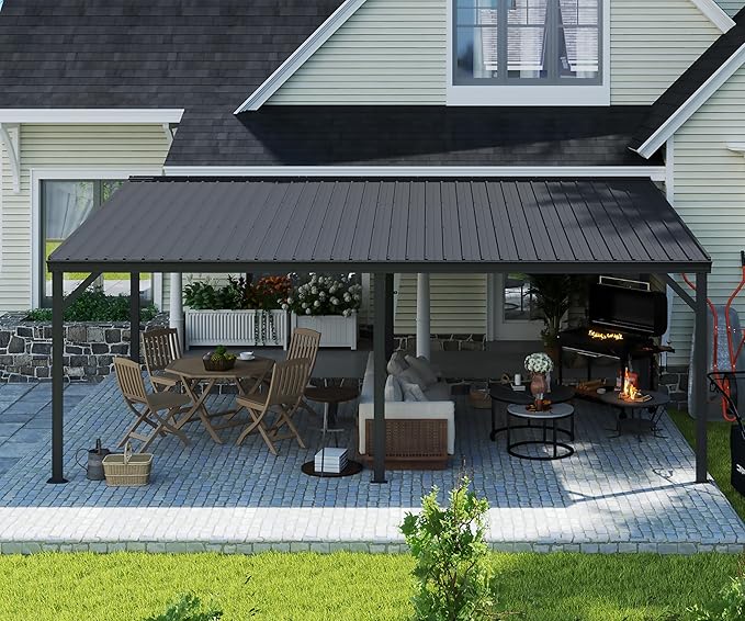 Domi 12’x20’ Lean-to Gazebo, Hardtop Wall-Mounted Gazebo Pergola with Sloping Galvanized Steel Roof and Upgraded Drainage System, Outdoor Permanent Metal Shelters for Patio Backyard Deck, Grey