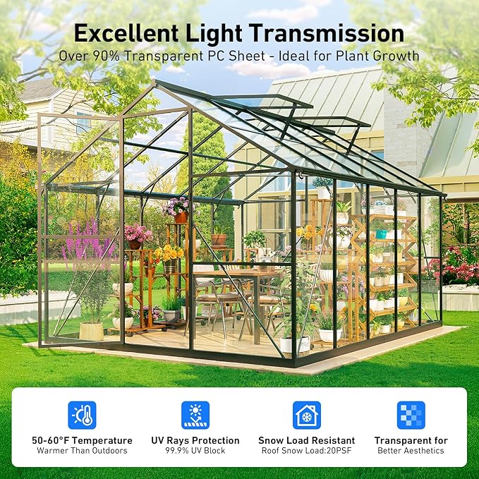 8×10FT Green Houses for Outside , Walk in Polycarbonate Greenhouse for Outdoors, Greenhouse Kit with Endurance PC Transparent Panels, Withstands Wind and Snow to Protect Vegetable or Plants