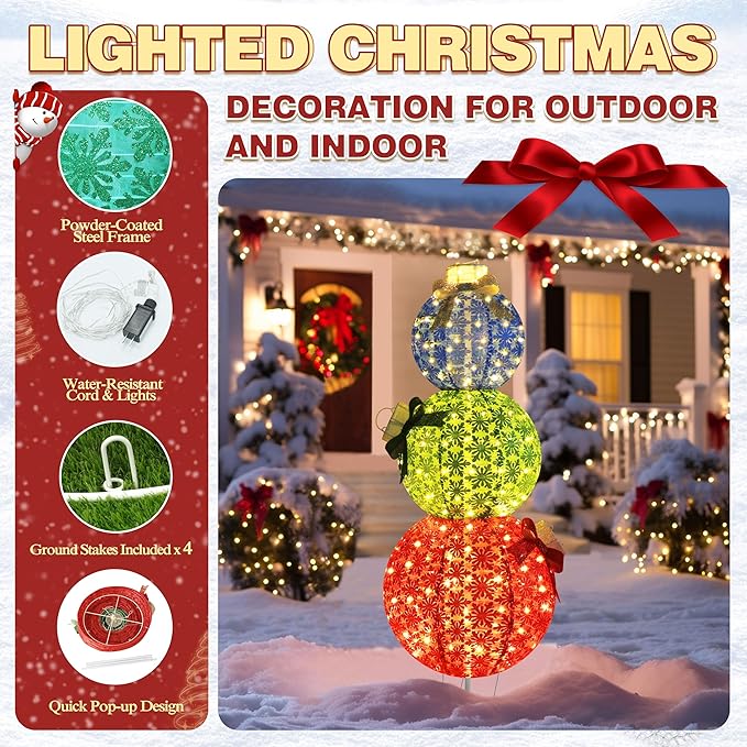 VEIKOU 5 FT Pop-Up Lighted Stacked Christmas Ornaments with 210 Warm White LED Lights & 4 Ground Stakes, Collapsible Christmas Light Ornaments for Backyard, Lawn, Garden