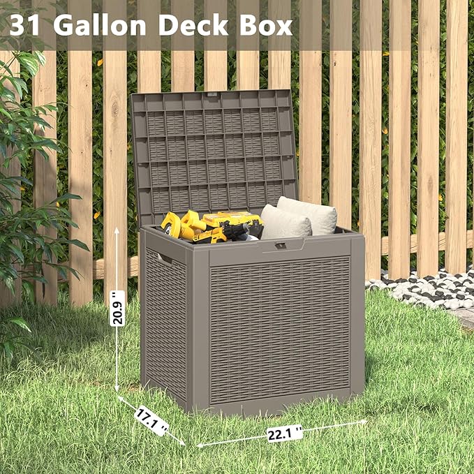 KAMABOKO 30 Gallon Outdoor Storage Box, Resin Deck Boxes Indoor and outdoor, Waterproof Storage Box Lockable Lid for Garden Tools, Package Delivery, Pool Supplies, Patio Cushions, Grey