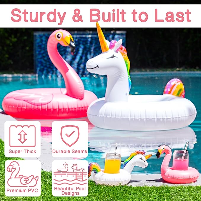 JAMBO Unicorn and Flamingo Pool Floats- 2 Pack with 2 Drink Holder Floats, Large Flamingo and Unicorn Tube Float, Adult & Teens, Inflatable Tanning Pool Toys, Tanning Pool Float, Tanning Float