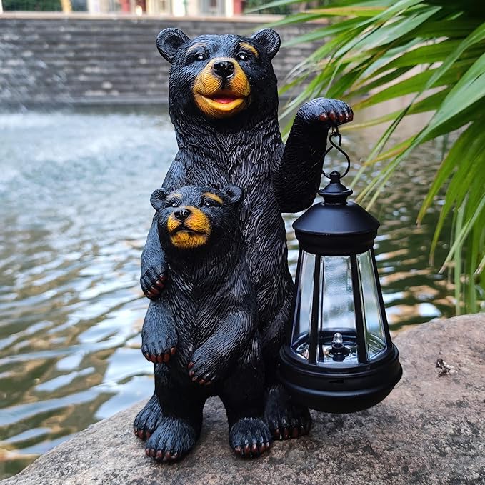 Black Bear Solar Lantern Garden Statues，Loving Bear Figurine Lights for Outside Decoration ,Lawn Outdoor Decor for Patio,Balcony,Yard-Unique Gift for Grandma Wowen Mom