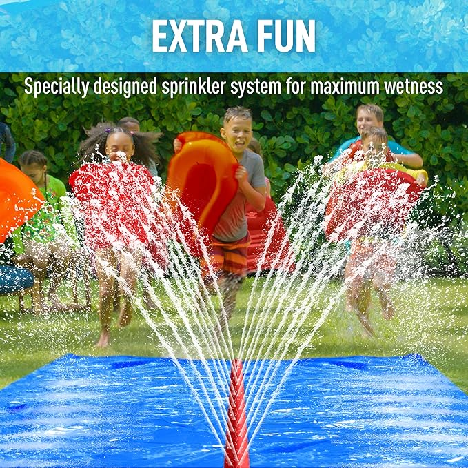 JAMBO 40FT Mega Slip Splash and Slide with 2 Bodyboards | Water Slide Waterslide Backyard Outdoor Water Toys for Kids with Sprinklers | Outdoor Splash Mat Splash Pad, Double Lane Summer Toy