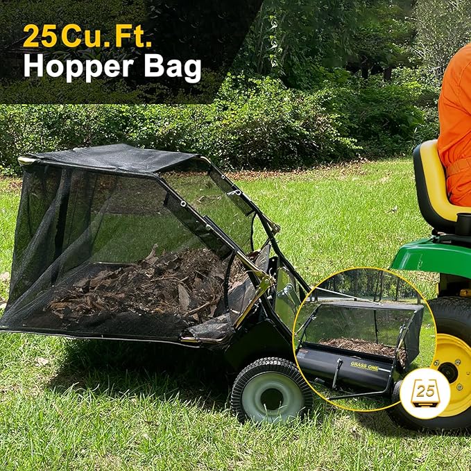 44 Inch Tow-Behind Lawn Sweeper with 25 Cu.Ft Hopper Bag, Adjustable Brush Height & Easy Dump-from-Seat – Picks Up Leaves, Grass & Yard Debris, Garden Gift