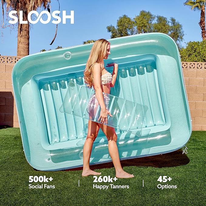 SLOOSH Inflatable Tanning Pool Lounger Float, 85" x 57" Extra Large Pool Floats Adult with Pillow, 4 in 1 Suntan Tub Raft Floatie,Sunbathing Bed Lounge for Water Blow Up Ball Pit Party Gifts, XL-Cyan