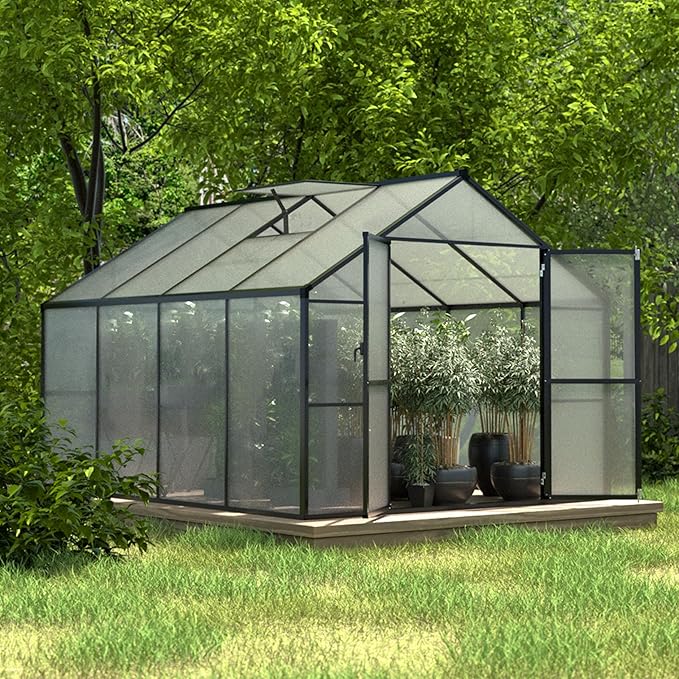 MUPATER 8 x 8 FT Outdoor Polycarbonate Greenhouse Kit with Sliding Lockable Door, Walk-in Backyard Green House with Aluminum Frame & Adjustable Roof Vent for Outdoor, Gray