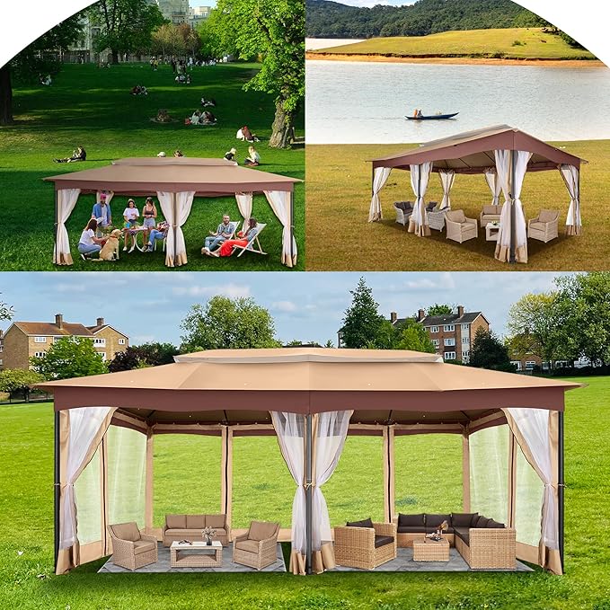 COBIZI Gazebo 12x20 Heavy Duty Gazebos with Improved Nettings Outdoor Gazebo Canopy Double Roof Patio Gazebos with Metal Steel Frame for Patio, Garden, Backyard (Khaki)