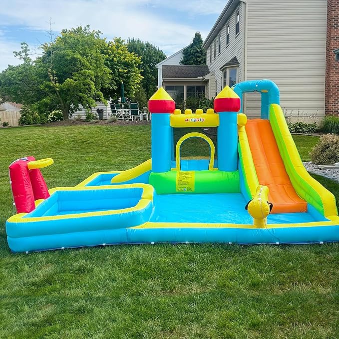 AKEYDIY Inflatable Water Slide Bounce House for Kids 3-12, Mega Water Bounce House Park w/ 2 Slides, Splash Pool & Deep Pool, Basketball Hoop, Water Cannon, 8 in 1 Backyard Water Park with Blower