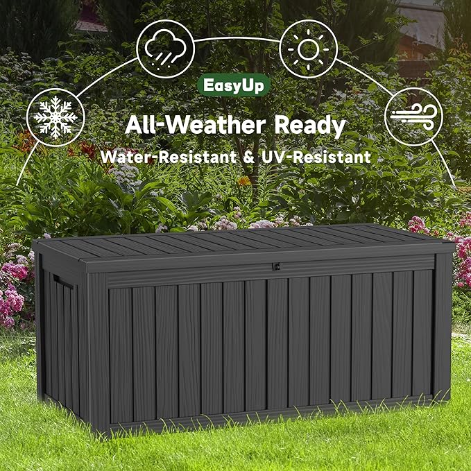 EasyUp 120 Gallon Outdoor Storage Box, Resin Waterproof UV-Resistant Deck Box with Hydraulic Lid Support, Reinforced Stability for Patio, Garden, and Poolside, Striped Black