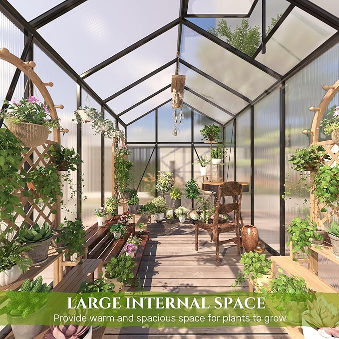 7.2FT High 6*8.2FT Greenhouse for Outdoors,Polycarbonate Greenhouse with Stronger Wind Protection and Roof Vent,Walk-in Large Aluminum Sunroom Winter Proof,Black