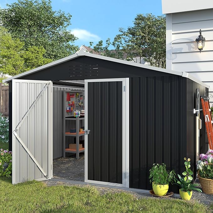 Amopatio 12x10 Storage Shed, Metal Sheds & Outdoor Storage for Bike, Garden Tools, with Lockable Door