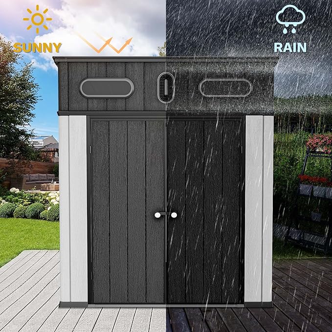 DWVO 6x6 FT Outdoor Storage Shed, All-Weather Resin Garden Tool Shed with Floor & Lockable Door, Plastic Outside Tool Garden Shed with Windows & Vents for Backyard Garden Patio Lawn, Black&Gray