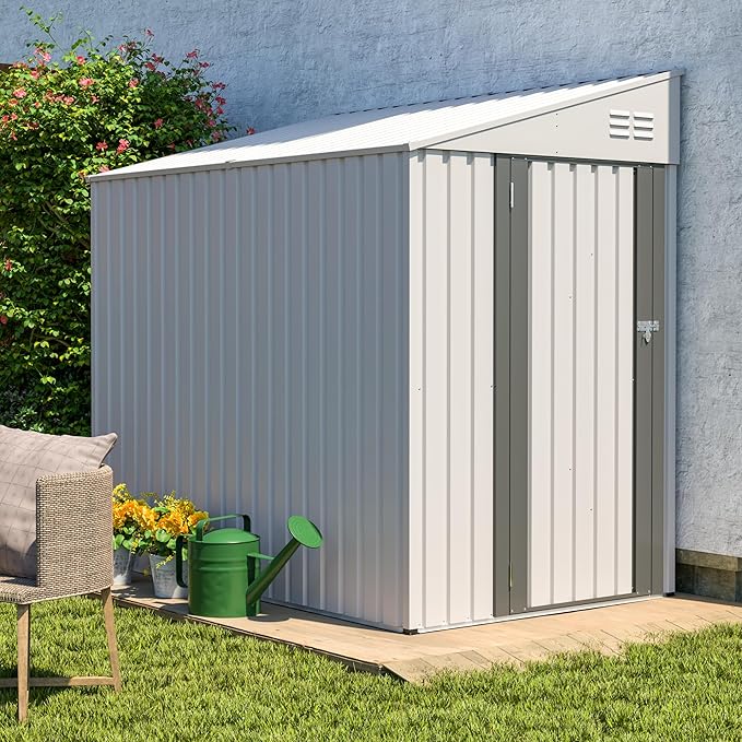4x7 FT Lean to Shed with Single Lockable Side Door, Outdoor Metal Storage Shed, Sloping Roof Galvanized Utility Steel Tool Shed for Garden, Patio, Lawn & Backyard