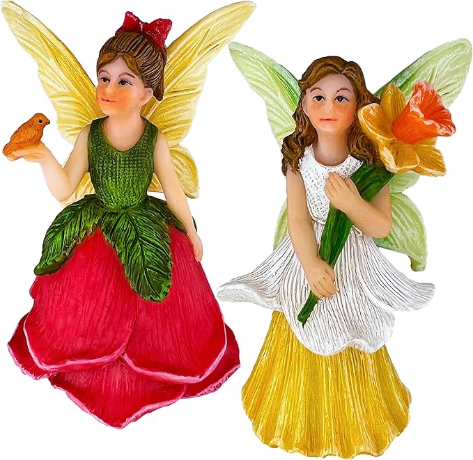Mood Lab Fairy Garden - Miniature Fairy Figurines - Flower Girls Set of 2 pcs - Narcissus & Rose Fairies Accessories Statue Kit