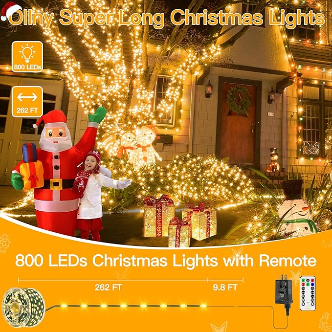 Ollny Christmas Lights 800 LED 262 FT Plug in, IP67 Waterproof Green Wire Outdoor Christmas Lights with Remote, 8 Modes and Timer Outdoor String Light for House Indoor Xmas Decorations (Warm White)