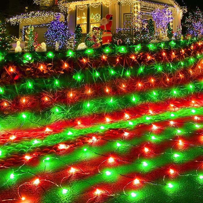 Pooqla Christmas Net Lights, 300LED Outdoor Net Mesh Lights, 14.8x4.9 ft Fairy String Lights 8 Modes Green Wire, Connectable Waterproof Decorative for Bushes Tree Garden Halloween, Red and Green