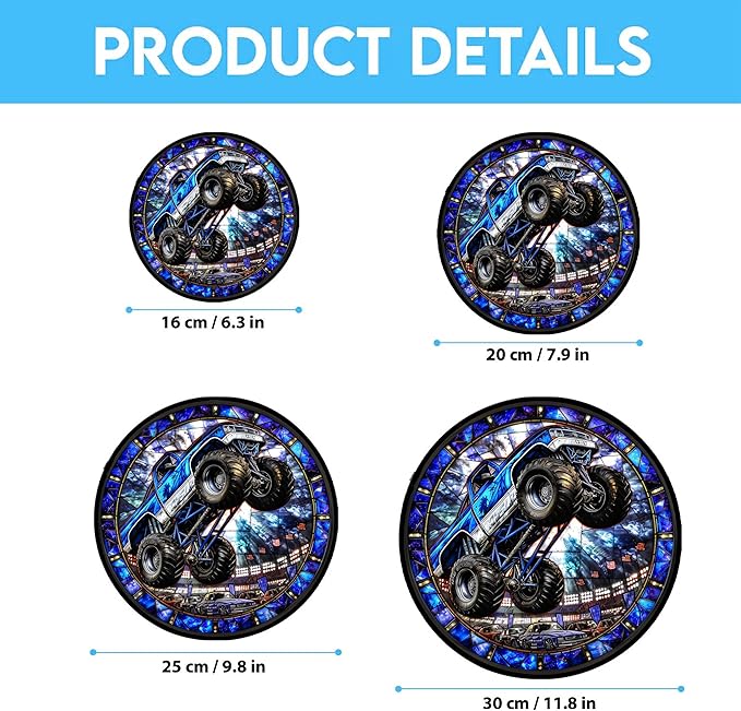 Monster Truck Stained Glass Window Hanging Window Suncatcher 12" Glass Panel with Metal Chain and Hooks Sun Catchers Indoor Wall Art Home Decor Gift for Women Mother's Day