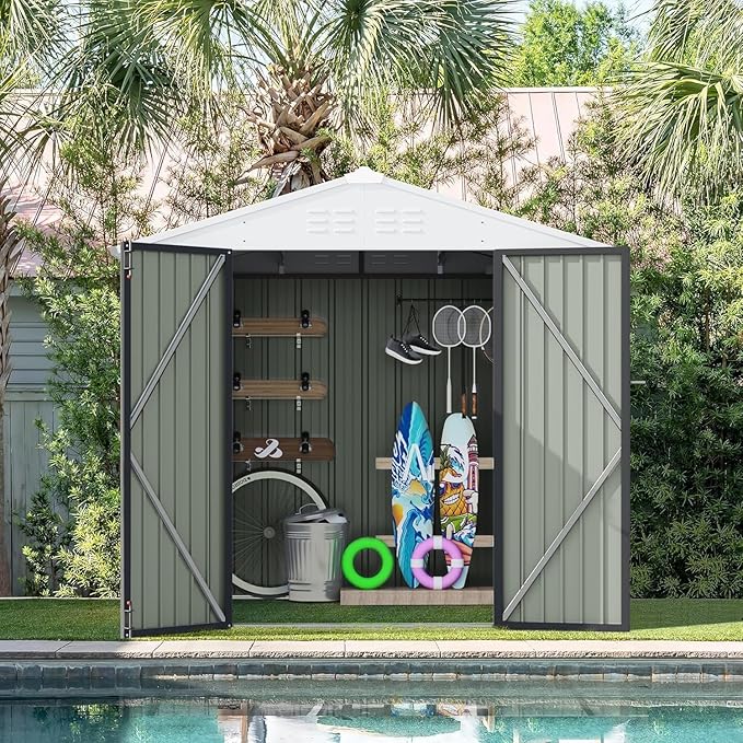 Furniwell 6x8 FT Outdoor Storage Shed, Metal Garden Sheds Outdoor Storage House with Single Lockable Door for Backyard Patio Lawn, Gray