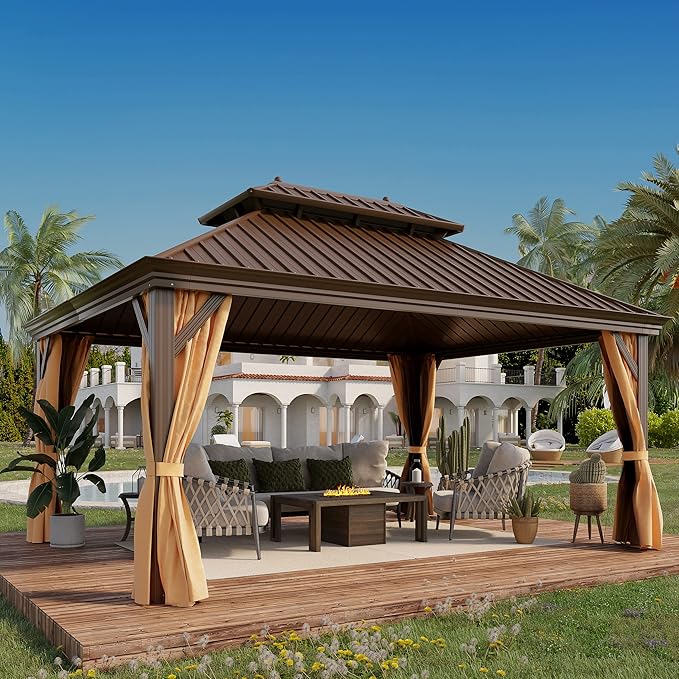 12' X 16' Hardtop Gazebo, Outdoor Galvanized Steel Double Roof Permanent Aluminum Frame Pavilion Pergola Canopy with Privacy Curtains for Garden, Patio, Backyard, Deck and Lawns.