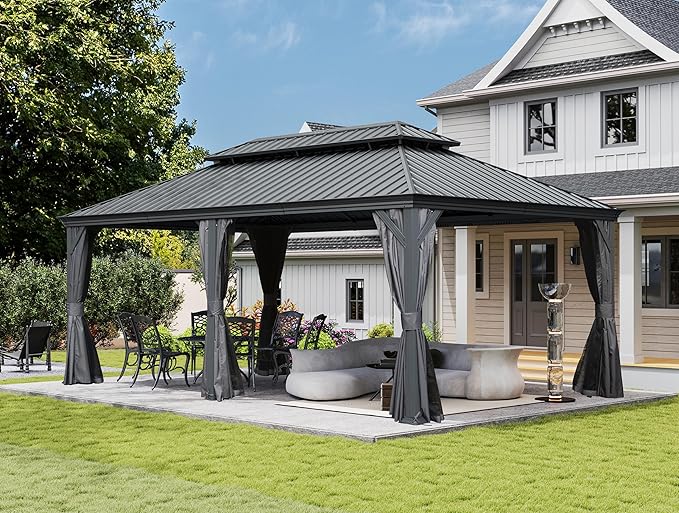 Domi 12x18FT Outdoor Gazebo, Hardtop Gazebo with Galvanized Steel Double Roof, Metal Gazebos with Drainage System Patio Pergola for Patio Deck Backyard,Curtain and Netting,Gray
