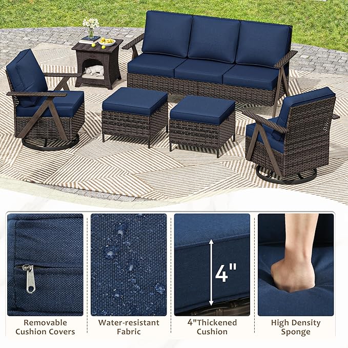 6 Piece Patio Furniture Set, Wicker Patio Conversation Set with Swivel Glider Chair and Outdoor 3-Seater Sofa and 2 Ottomans and Side Table for Deck Yard and Poolside
