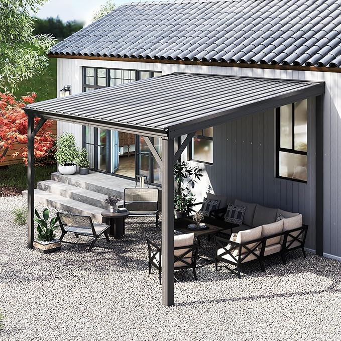 Domi 10’x10’ Wall-Mounted Hardtop Gazebo Pergola – Permanent Lean-to Outdoor Shelter with Sloped Galvanized Steel Roof & Upgraded Drainage – Grey Metal Patio Cover for Backyard, Deck, Garden