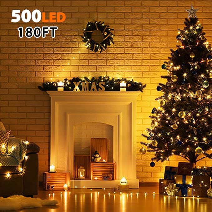 BHCLIGHT Extra-Long 165FT 500LED Christmas String Lights Outdoor/Indoor, Timer & Memory & 13 Modes, Warm White String Lights Waterproof Green Wire Tree Lights for Xmas Holiday Party