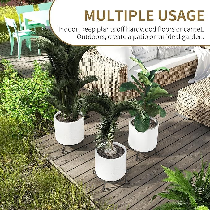 2 Pack 10” Diameter Metal Outdoor Plant Stand Indoor, Black Heavy Duty Potted Holder, Round Anti-Rust Wrought Iron Flower Planter Pot Display Stands for Home Garden