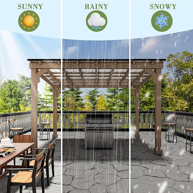 10 x 12 FT Outdoor Wooden Grill Gazebo with 5.5" Width Wood Posts, Rainwater Drainage, BBQ Gazebo with Sloping Metal Roof for Barbecue, Backyard, Garden, Light Mocha Brown
