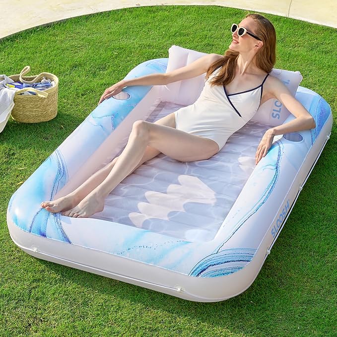 SLOOSH Inflatable Tanning Pool Lounger Float, 70" x 46" Pool Floats Adult with Pillow, 4 in 1 Suntan Tub Raft Floatie,Sunbathing Bed Lounge for Water Blow Up Ball Pit Party Gifts