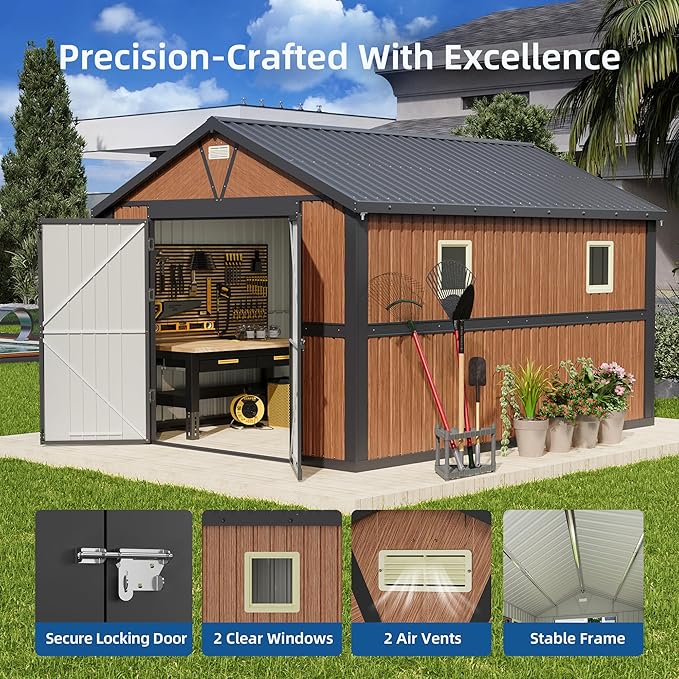 10x12 FT Outdoor Storage Shed, Garden Metal Shed with Lockable Doors & Window, Large Tool Shed for Backyard, Patio & Lawn